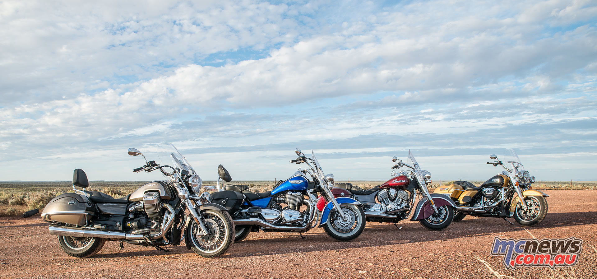 Harley-Davidson Road King, Indian Springfield, Triumph Thunderbird LT and Moto Guzzi California Touring
