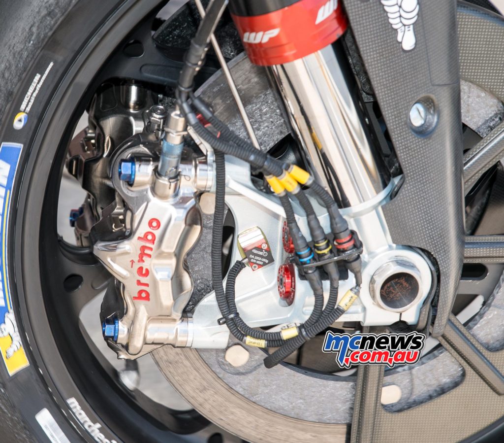 Modern Brembo MotoGP-spec radial monobloc calipers