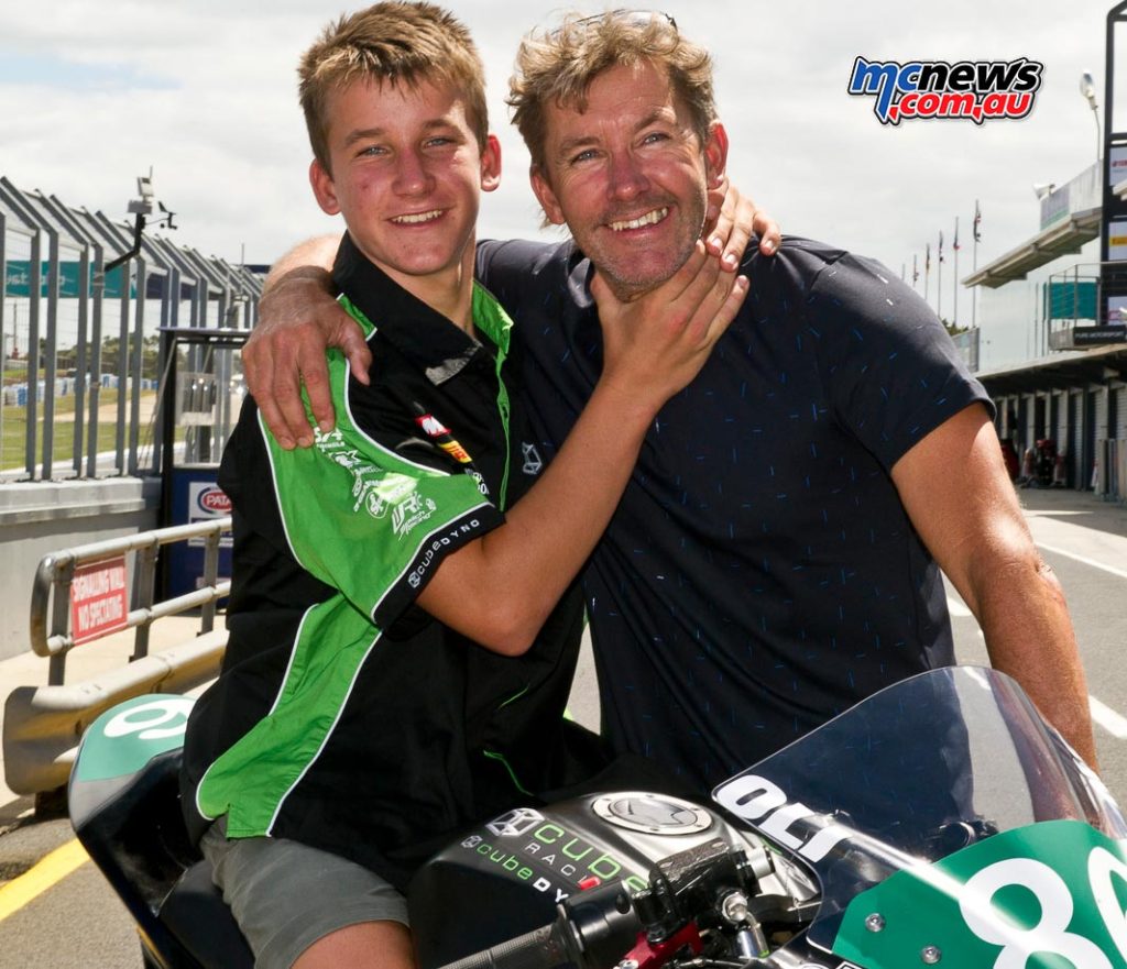Troy Bayliss with son Oli at Phillip Island early this year.