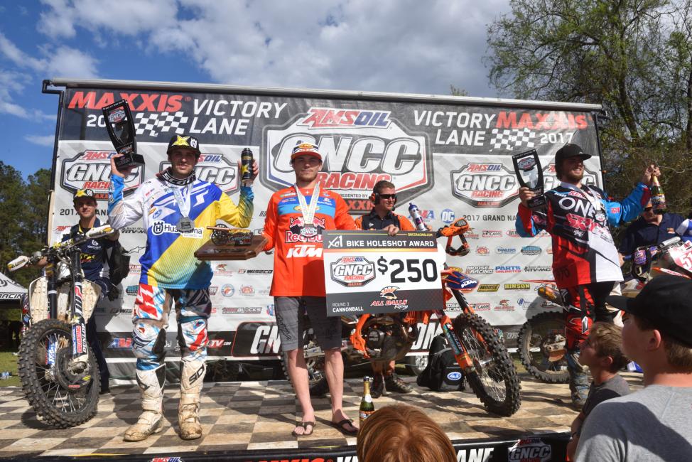 2017 GNCC - Round 3 - (2) Thad Duvall, (1) Kailub Russell, (3) Steward Baylor - Image: Ken Hill