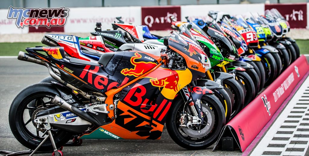 Red Bull KTM RC16 takes its place on the grid alongside the rest of the MotoGP machines.