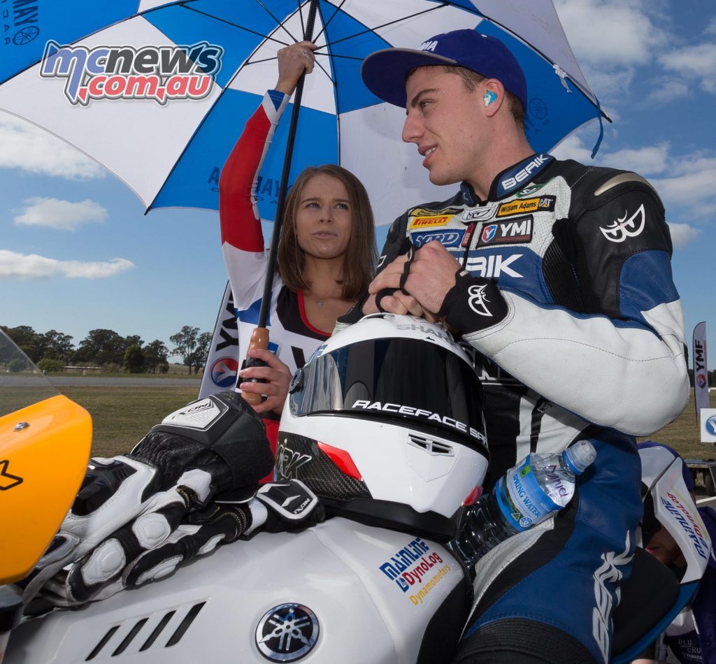 Daniel Falzon on the grid at Winton. The young South Australian still leads the Superbike Championship by nine-points while Wayne Maxwell and Troy Herfoss are tied for second place.