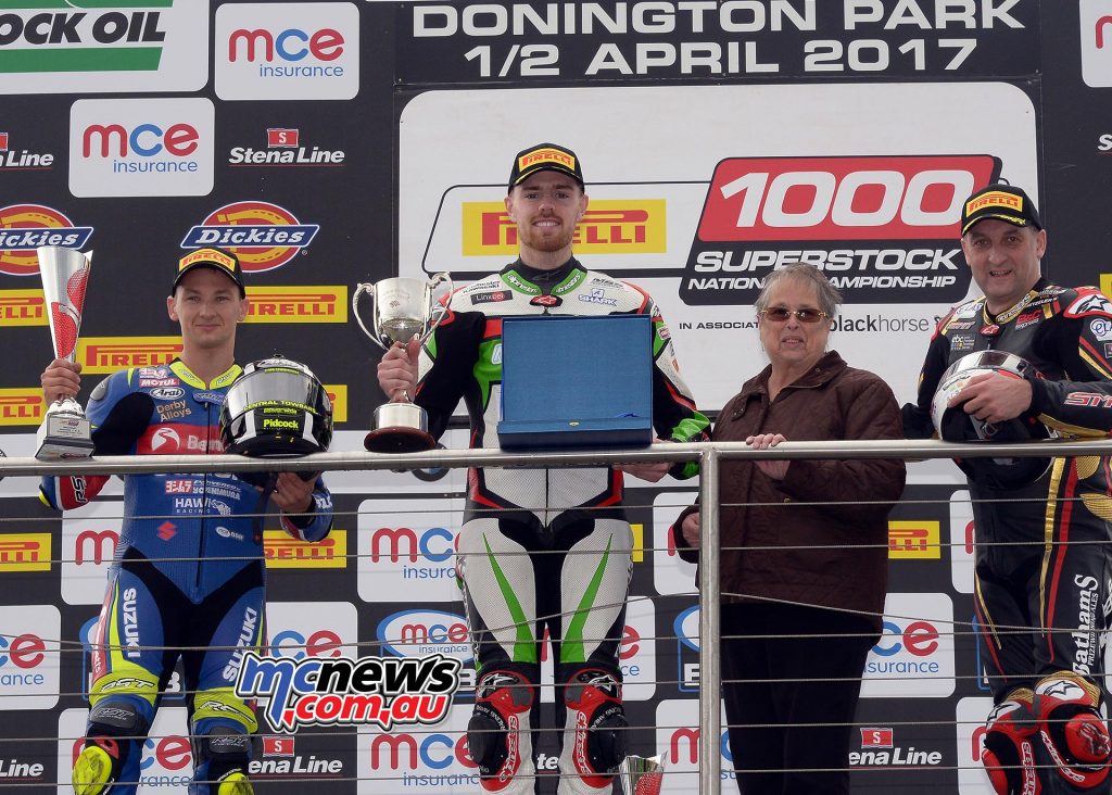 British Superstock 1000 Podium - Rnd One - Race One - Donington Park - Image by Jon Jessop - 1st Danny Buchan (Morello Racing Kawasaki) - 2nd Richard Cooper (Bennetts Suzuki) + 0.046 - 3rd Michael Rutter (Bathams BMW) + 1.433