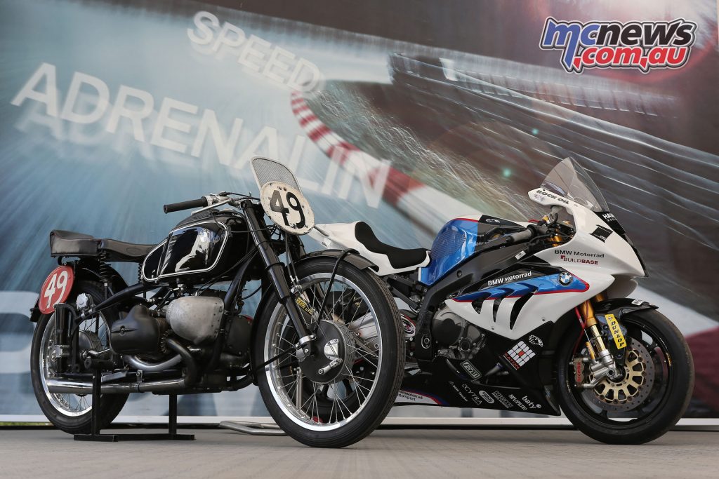 The BMW 255 ridden by Georg Meier in 1939 and the 2014 S 1000 RR ridden by Michael Dunlop