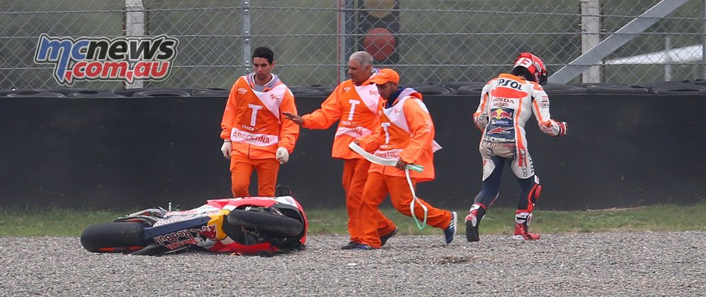 A very unhappy Marquez crashing out from the lead