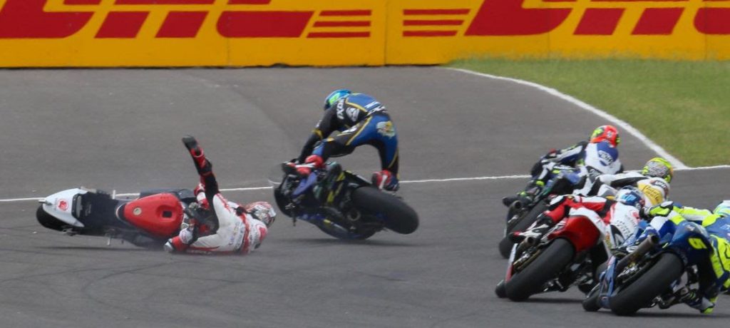 Remy Gardner being taken out by another rider in Round 2 of the 2017 MotoGP at Argentina