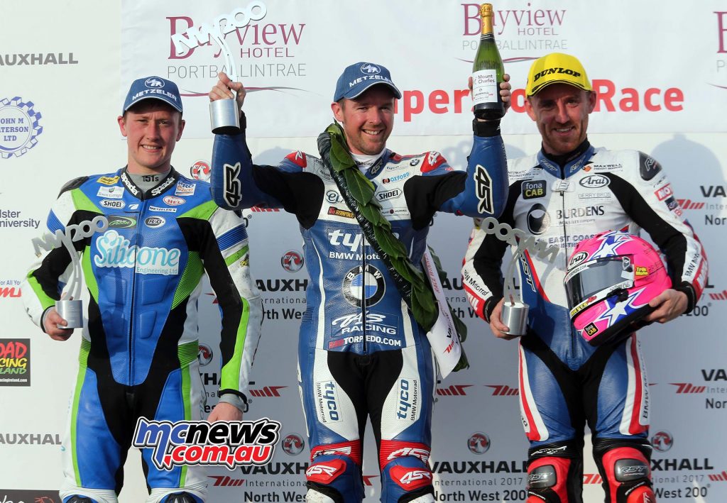 Alastair Seeley took Superstock victory at the 2017 North West 200 ahead of Lee Johnson and Dean Harrison