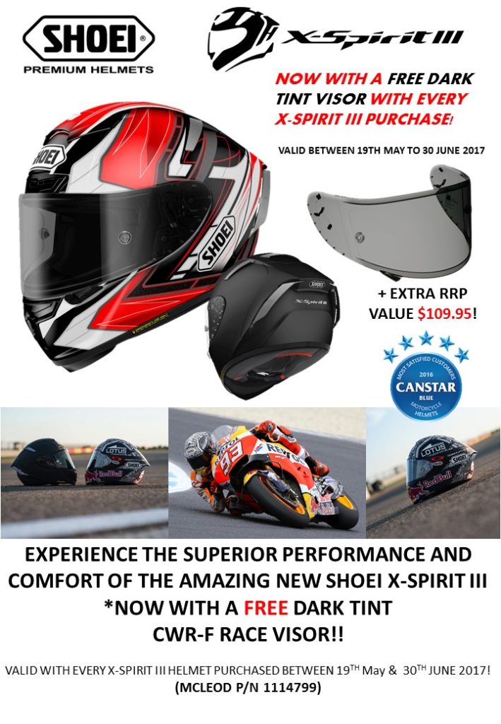 Shoei X Spirit-III Helmet Promotion - With a free Dark Tint Visor valued at $109.95 until June 30