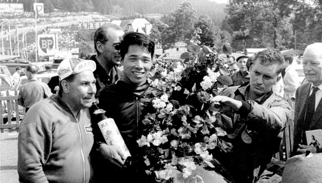 Fumio Ito (250cc class) brought the first victory to Yamaha at the Belgian Grand Prix (Spa-Francorchamps) in 1963