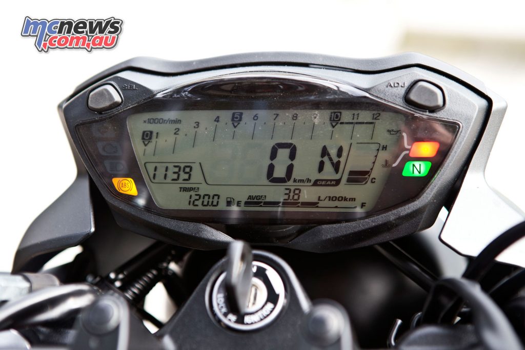 An LCD display on the SV650 is easy to read and includes a gear indicator