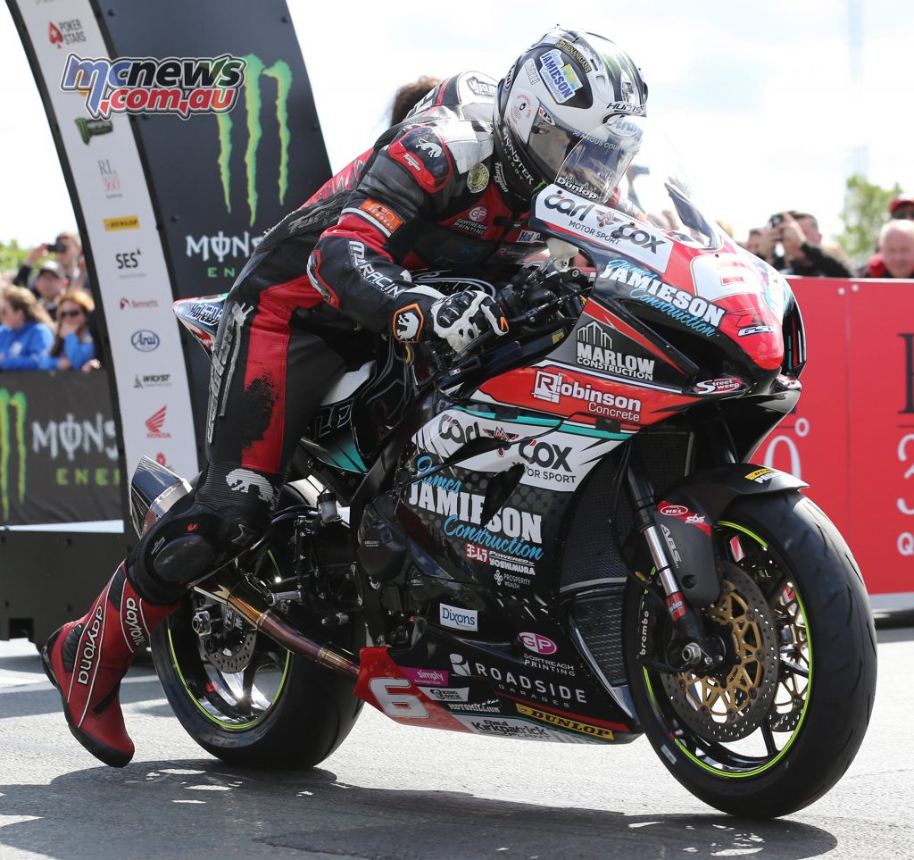Michael Dunlop blasts off the line in the Superstock TT. Dunlop ran fifth most of the time before a charging Dean Harrison demoted him to sixth in the latter stages of the race