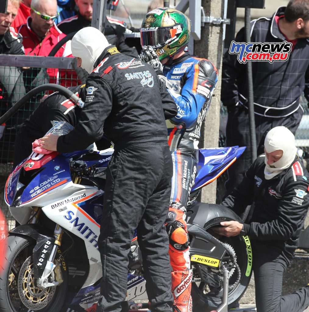 Peter Hickman in the pits for fuel and a rear tyre