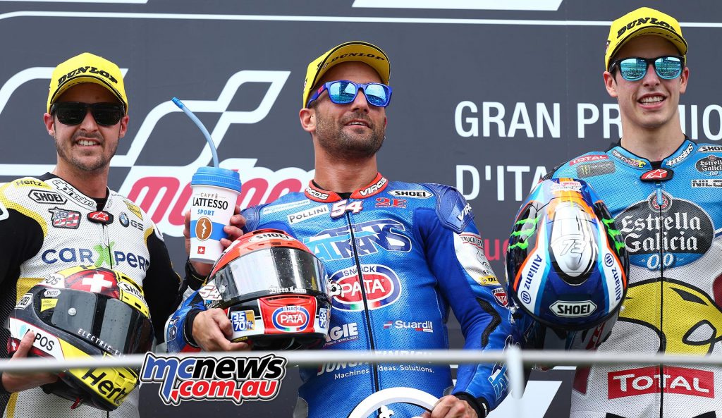 MotoGP 2017 - Round Six - Mugello - Italian GP - Moto2 Race Results Mattia Pasini (ITA - Kalex) 39'30.974 Thomas Lüthi (SWI - Kalex) + 0.052 Alex Márquez (SPA - Kalex) + 0.136