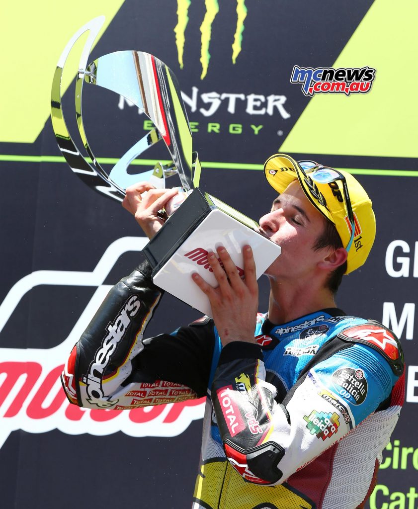 Alex Marquez (SPA) celebrates his second win on home soil in Moto2