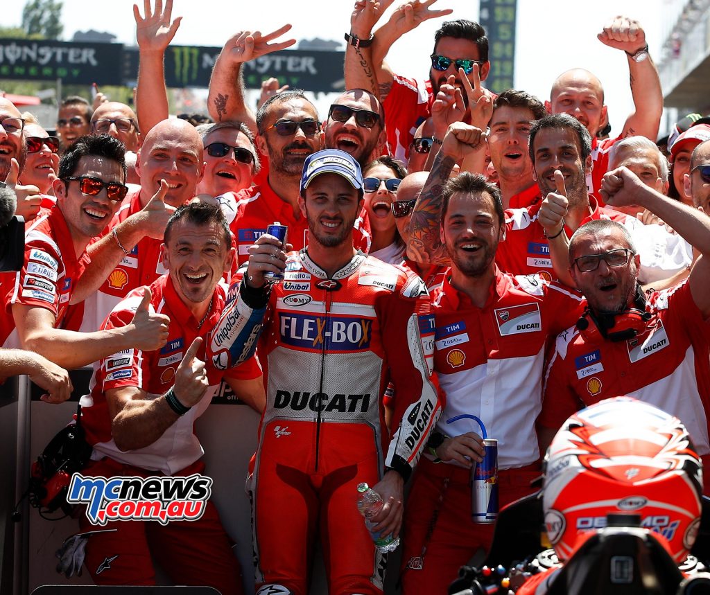Andrea Dovizioso celebrates with Team Ducati at Catalunya