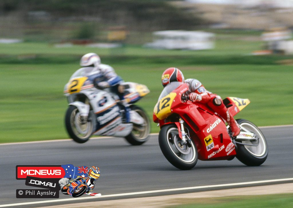 Randy Mamola racing Wayne Gardner - Phillip Island 1989 - Image by Phil Aynsley