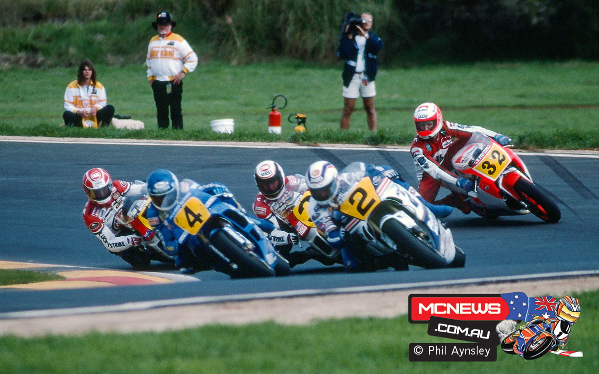 Wayne Rainey on number 3 leads Wayne Gardner, Kevin Magee and Christian Sarron through a Phillip Island corner in 1989