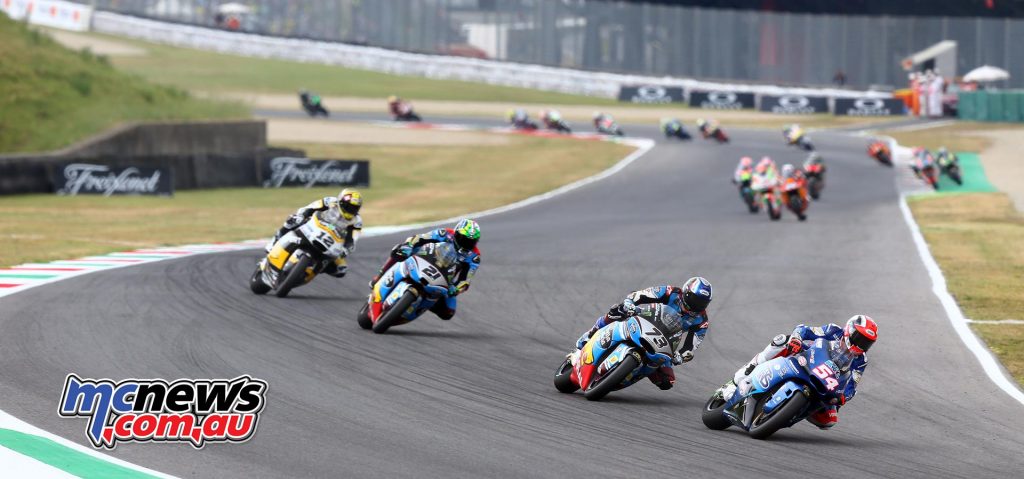 Franco Morbidelli pictured here holding down third place behind Marquez and Pasini. Luthi would eventually overcome both Morbidelli and Marquez to finish second. - Image by AJRN