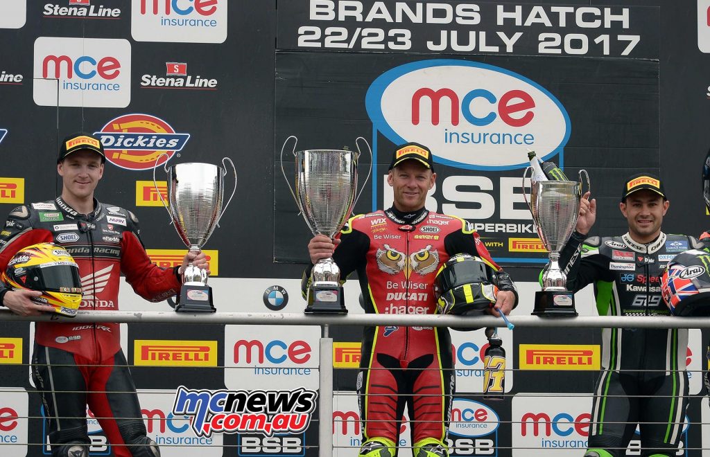 MCE Insurance British Superbike Championship, Brands Hatch, Race one result Shane Byrne (Be Wiser Ducati) Dan Linfoot (Honda Racing) +0.365s Leon Haslam (JG Speedfit Kawasaki) +0.737s