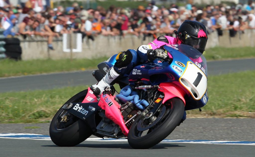 New Zealander Bruce Anstey riding the Britten at the Festival of Motorcycling on the former airfield at Jurby