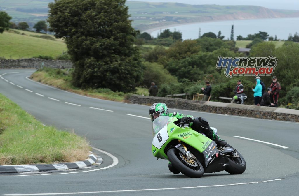 Horst Saiger (750 Kawasaki/Greenall Racing) at the Gooseneck during Tuesday's Motorsport Merchandise Superbike Classic TT race. PICTURE BY DAVE KNEEN