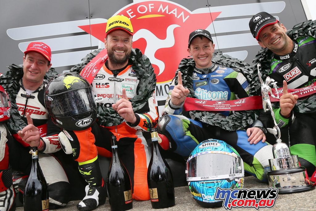 Podium party, Motorsport Merchandise Superbike Classic TT Race. Photo Stephen Davison