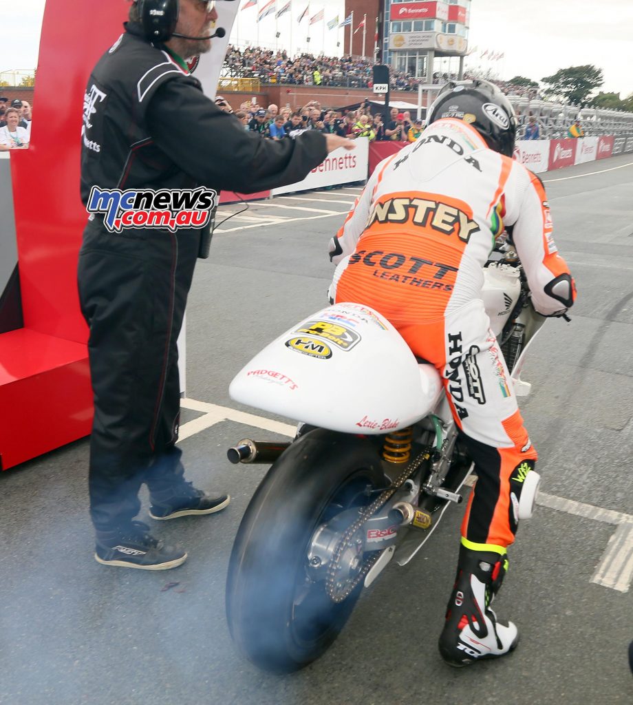 Bruce Anstey about to receive the tap on the shoulder to start the Dunlop Lightweight Classic TT Race. Photo Stephen Davison / Pacemaker Press Intl