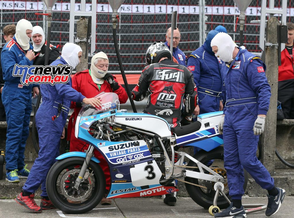 Michael Dunlop retires in the pits at the end of the first lap of the Motorsport Merchandise Superbike Classic TT Race. Photo Stephen Davison