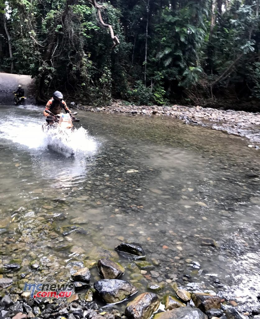 First time GS Safari participant Dylan Hinchcliffe fords a river crossing on the Bloomfield Track