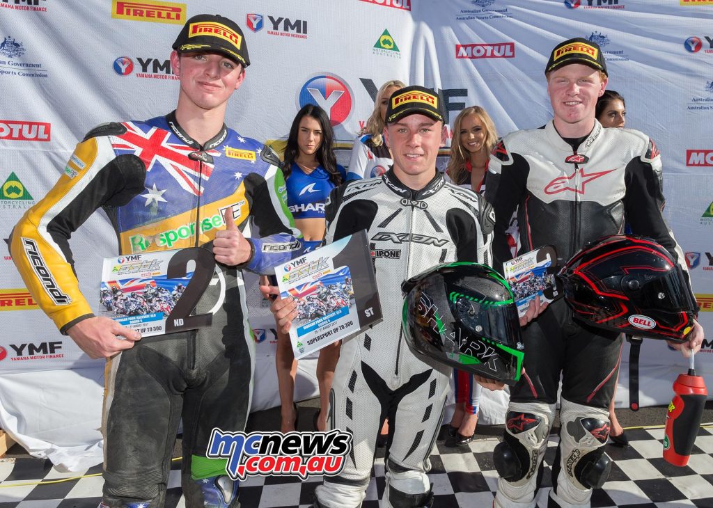 300 Supersport 'Under 300' sub-category overall round podium - Reid Battye 1st, Lachlan Epis 2nd, and Drew Sells 3rd - Image by TBG
