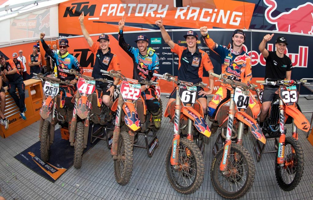 Jeffrey Herlings won his second MXGP ahead of Tony Cairoli and Glenn Coldenhoff to complete an MXGP 1-2-3 for KTM.  To cap off a historic total domination of the event for the Austrian manufacturer, Jorge Prado Garcia had also led home at KTM 1-2-3 in MX2.
