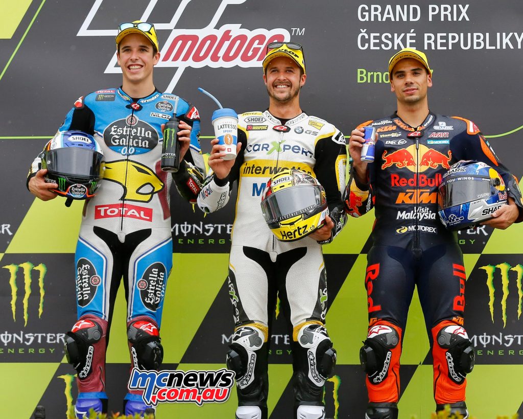 MotoGP 2017 - Round Ten - Brno - Moto2 Race Results Thomas Lüthi (SWI - Kalex) 13'39.036 Alex Márquez (SPA - Kalex ) + 4.991 Miguel Oliveira (POR - KTM) + 6.983