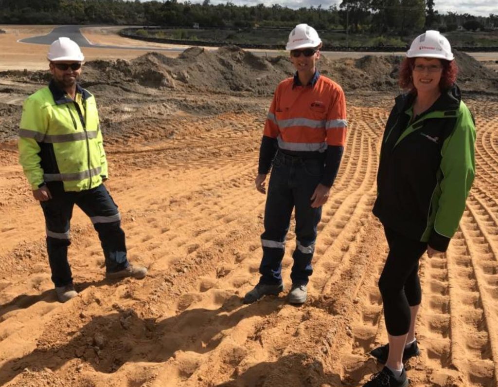 Coalcliff site supervisor Steve Lilly, Premier Coal Projects engineer Darryn O’Brien and Collie Motorplex manager Anna Farrell looking over changes at the facility.