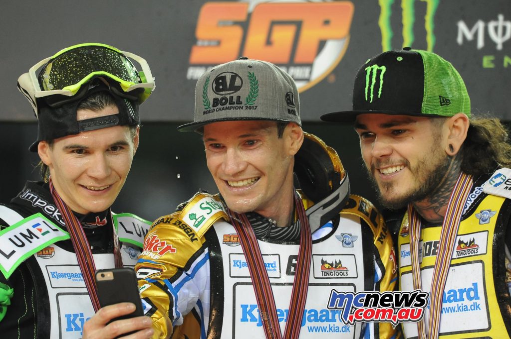Doyle Speedway GP Champion, with Dudek and Woffinden - Image by Colin Rosewarne