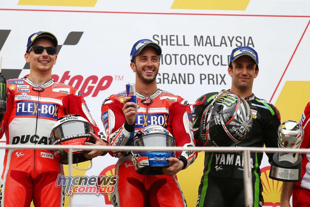 The podium: Lorenzo, Dovizioso & Zarco - Image By AJRN