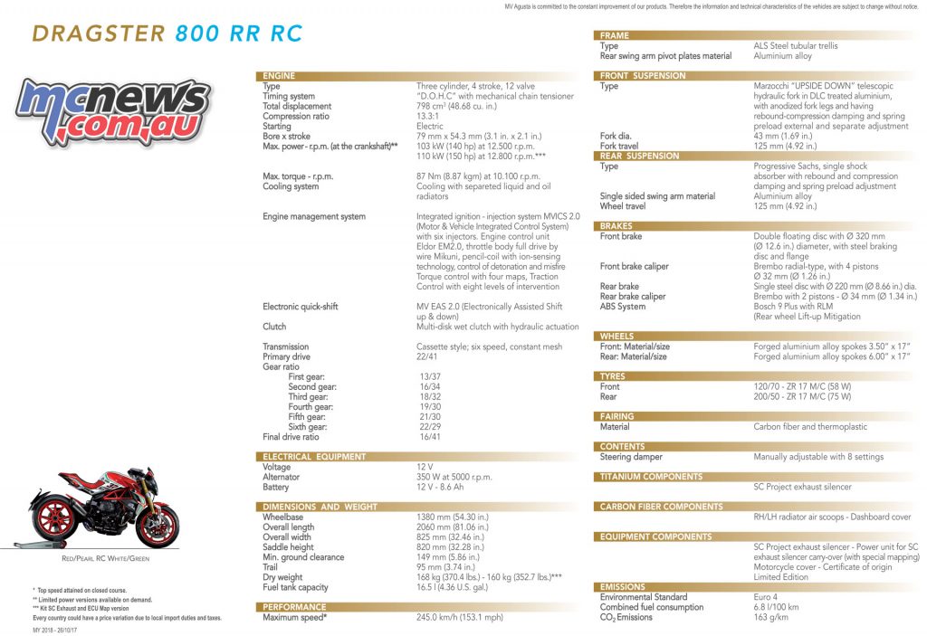 2018 MV Agusta Dragster 800 RC Specifications
