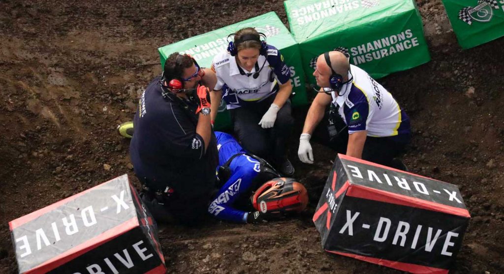 Mitch Evans went down hard and was later found to have fractured his L2/L3/L4 vertebrae and broke his pelvis in two places