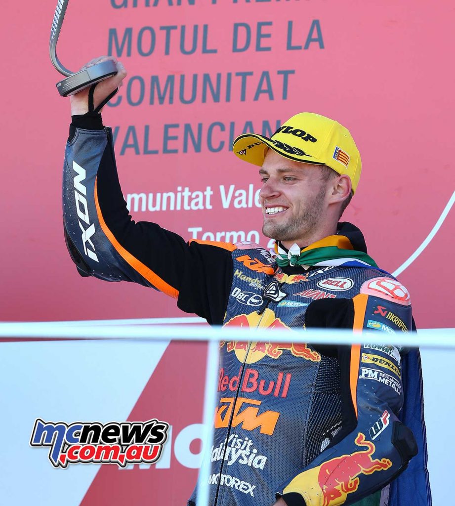 Brad Binder on the podium at Valencia - Image by AJRN