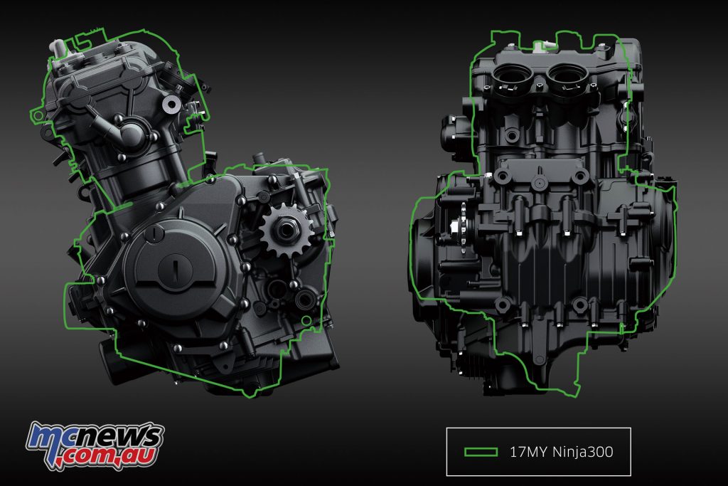 Engine comparison between the Ninja 400 and the Ninja 300 (green outline)