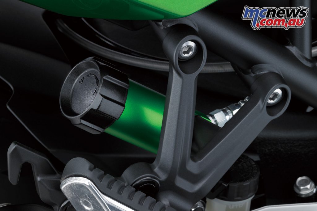 The rear shock features a remote preload adjuster for easy access
