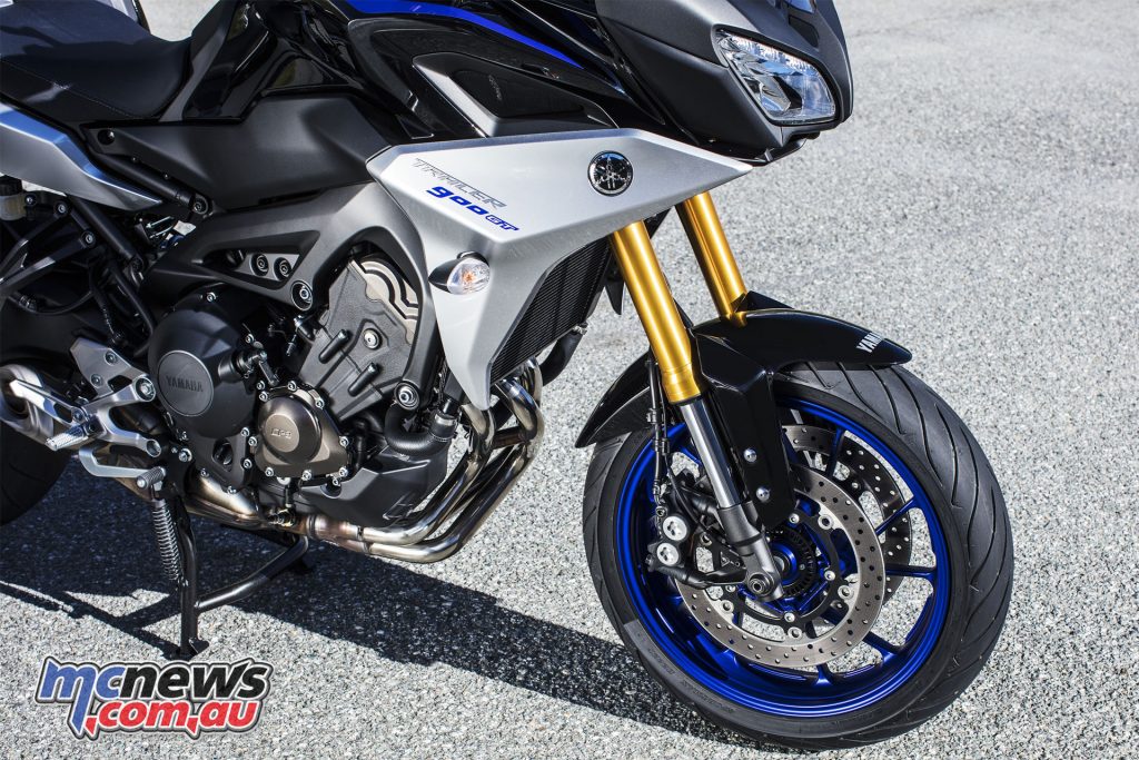 The 2018 Yamaha Tracer 900GT includes fully adjustable gold finished forks