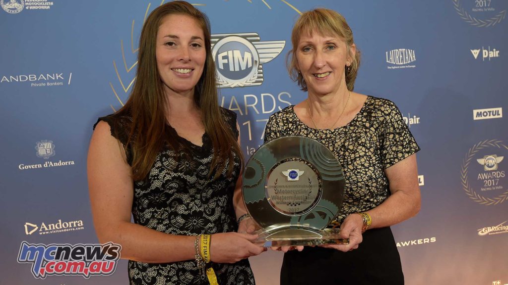 FIM Women in Motorcycling Award given to Motorcycling WA representatives Chelsea Blakers and Tracy Simpson