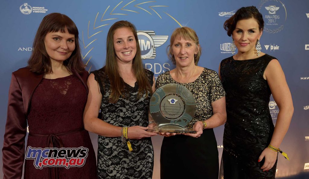 FIM Women in Motorcycling Award given to Motorcycling WA representatives Chelsea Blakers and Tracy Simpson