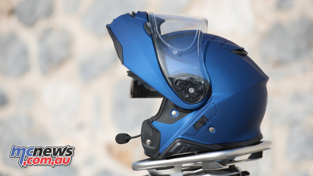 The Shoei Neotec II with Sena comm unit fitted