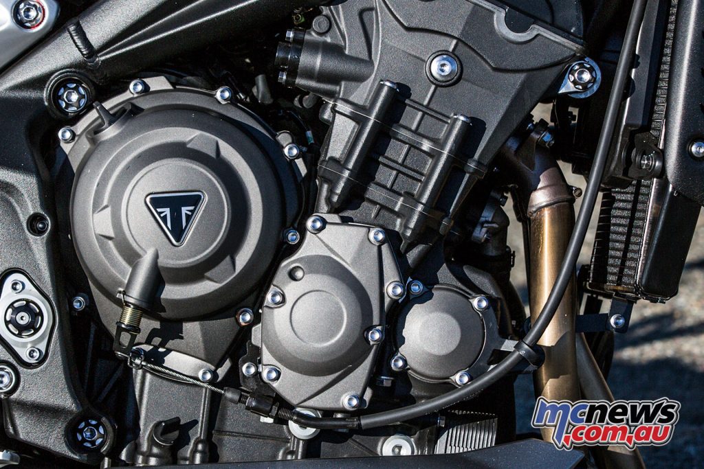 The 765cc triple-cylinder powerplant offers staggering power with a standard quickshifter offering easy shifts