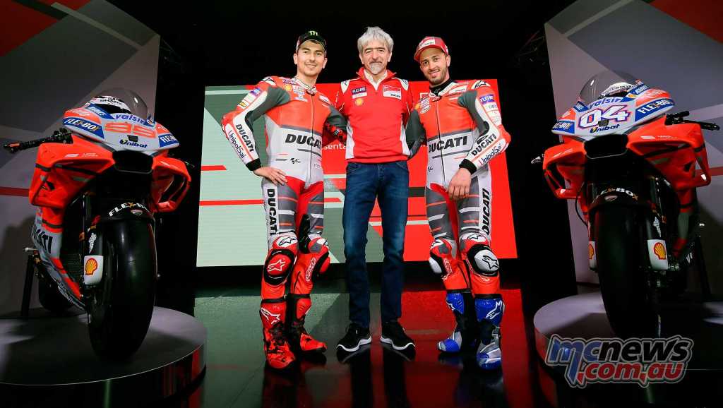 Luigi Dall’Igna, Ducati Corse General Manager with Jorge Lorenzo and Andrea Dovizioso