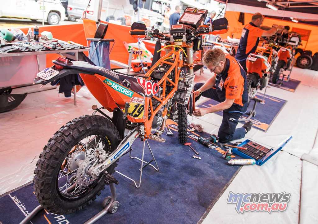 Antoine Meo's machine being worked on during the rest day, the riders are on their own tonight in regards to servicing their own machines.