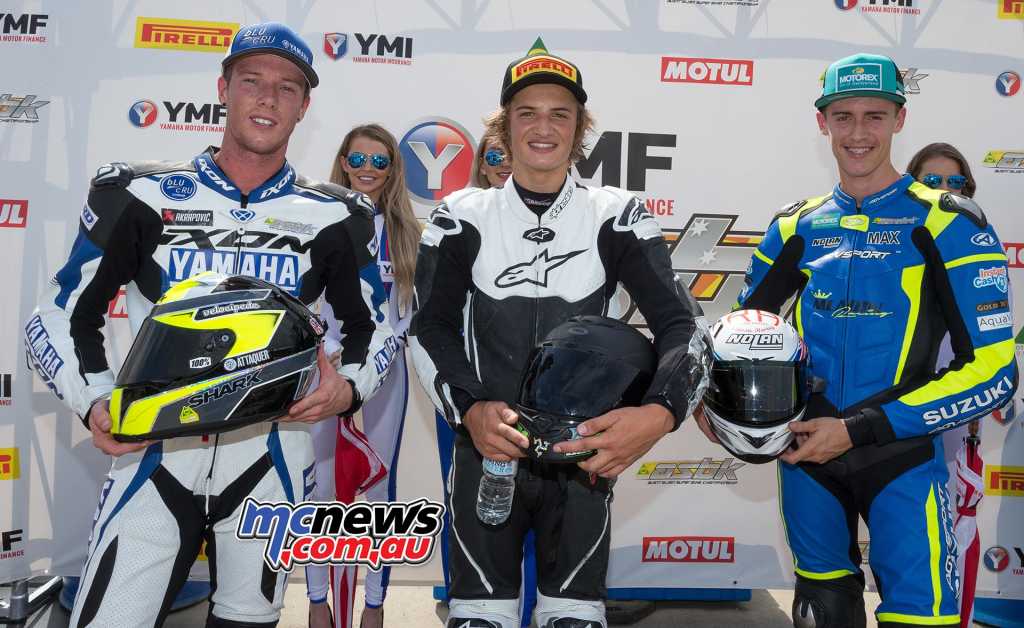 Australian Supersport Race One Top Ten 1. Tom TOPARIS (Cube Racing, Kawasaki) ZX-6R 2. Cru HALLIDAY (Yamaha Racing Team, Yamaha YZF-R6) 3. Max CROKER (Mat Mladin, Suzuki GSX-R1000) - Image by TBG