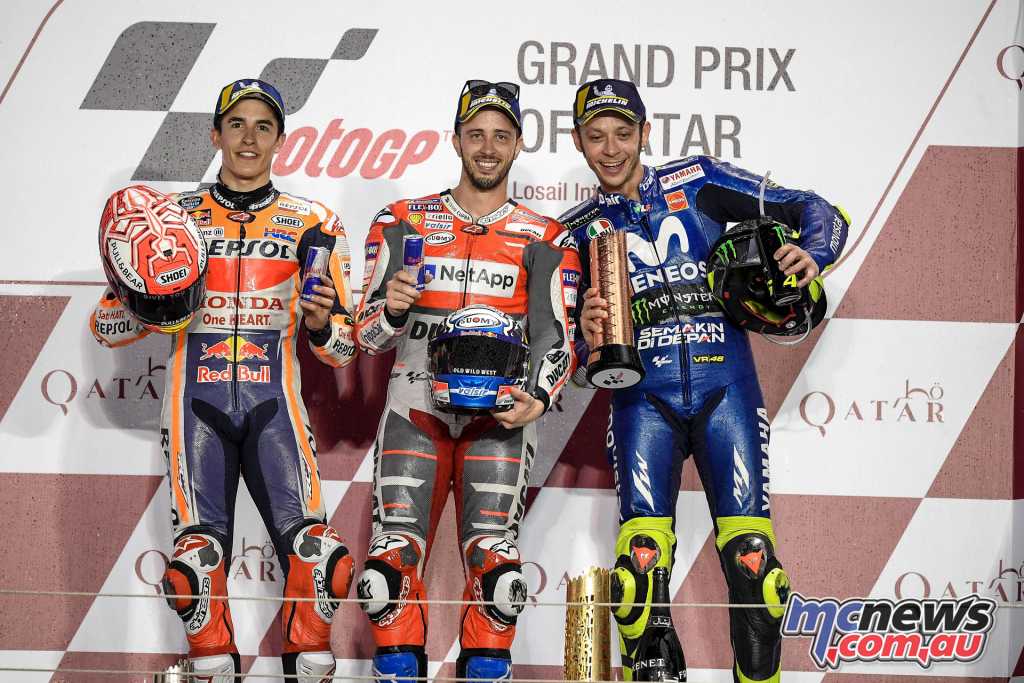 The MotoGP Podium at Qatar - Dovizioso takes the early season lead with 25 points, Marquez 20 and Rossi 16