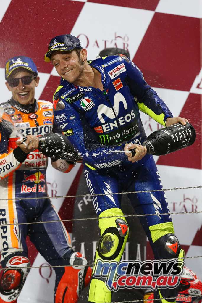 Valentino Rossi stood on the podium alongside second placed Marquez at the Qatar season opener which was won by Ducati's Andrea Dovizioso - Image by AJRN